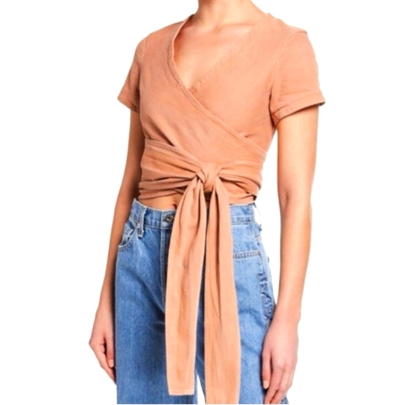 JONATHAN SIMKHAI denim wrap top bronze (tan/mocha) women's size xs